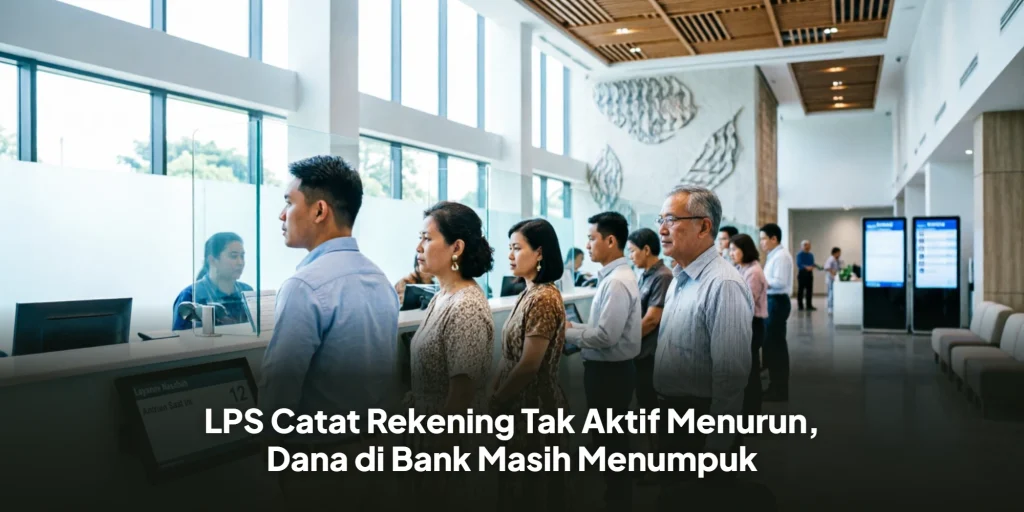 realistic photo of Indonesian bank interior, customers waiting in line, modern banking atmosphere, natural lighting, professional documentary style, shallow depth of field, high detail, news photography, 4k