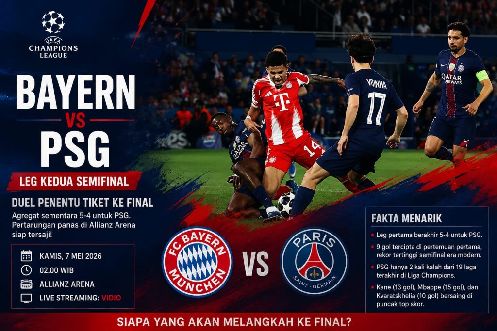 Jadwal Siaran Langsung UCL: Bayern Munchen vs PSG Leg 2 Semifinal Liga Champions 2026