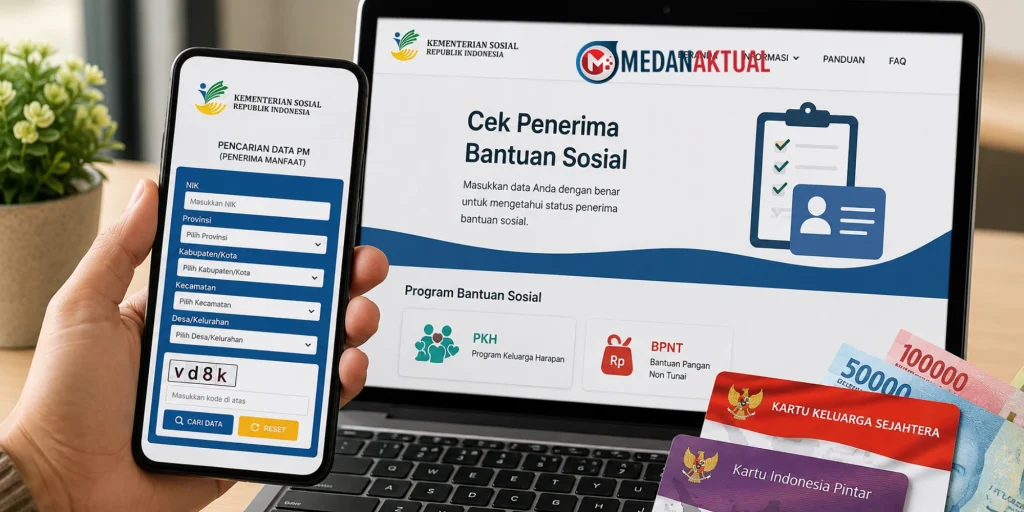 Ilustrasi pengecekan bansos PKH dan BPNT 2026 menggunakan NIK melalui HP