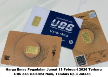 Harga Emas Pegadaian Jumat 13 Februari 2026 Terbaru: UBS dan Galeri24 Naik, Tembus Rp 3 Jutaan