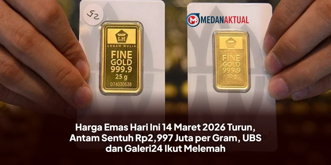 Harga Emas Hari Ini 14 Maret 2026 Turun, Antam Sentuh Rp2,997 Juta per Gram, UBS dan Galeri24 Ikut Melemah